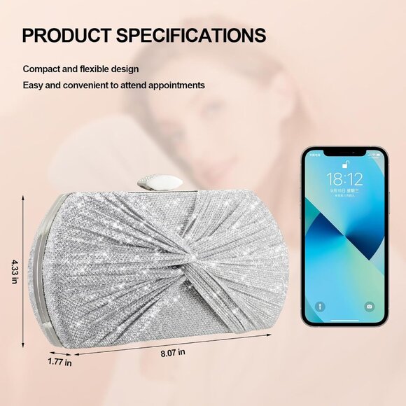 Women's Wedding Evening Silver Glitter Clutch Sparkly Detachable Chain Hand Bag - Picture 2 of 6